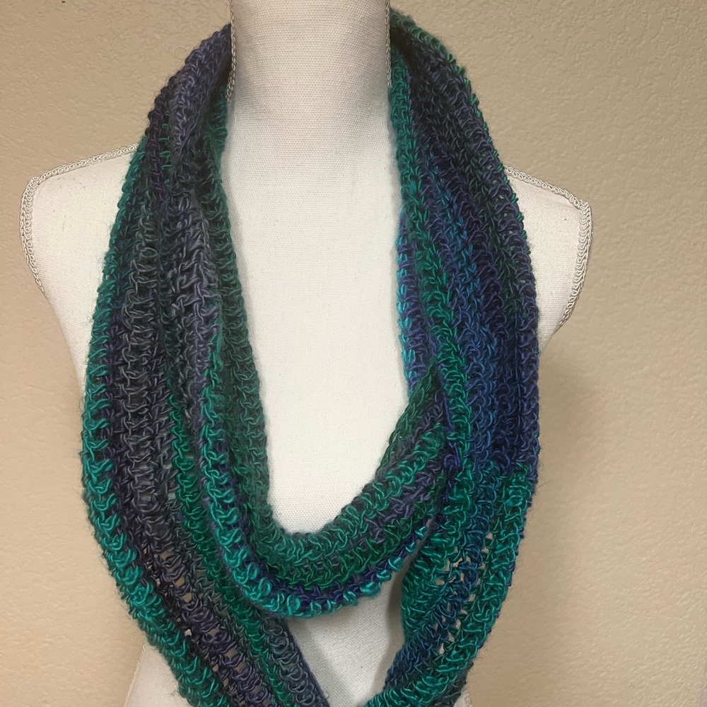 Elegant Blue and Green Knit Infinity Scarf